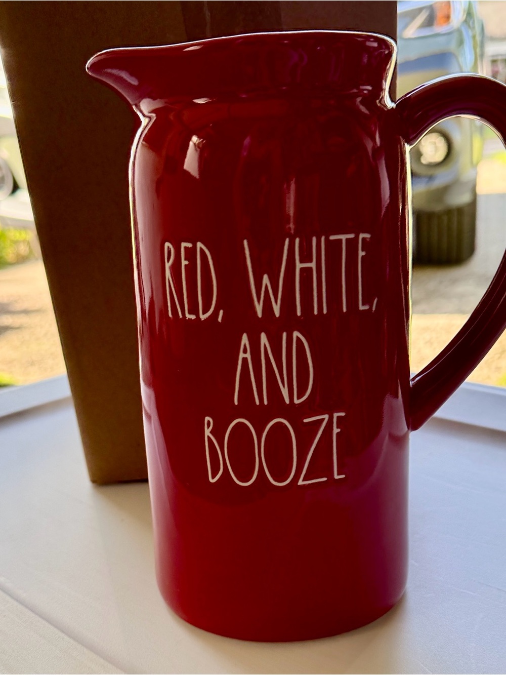 Rae Dunn RED WHITE AND BOOZE pitcher. 
New in box.